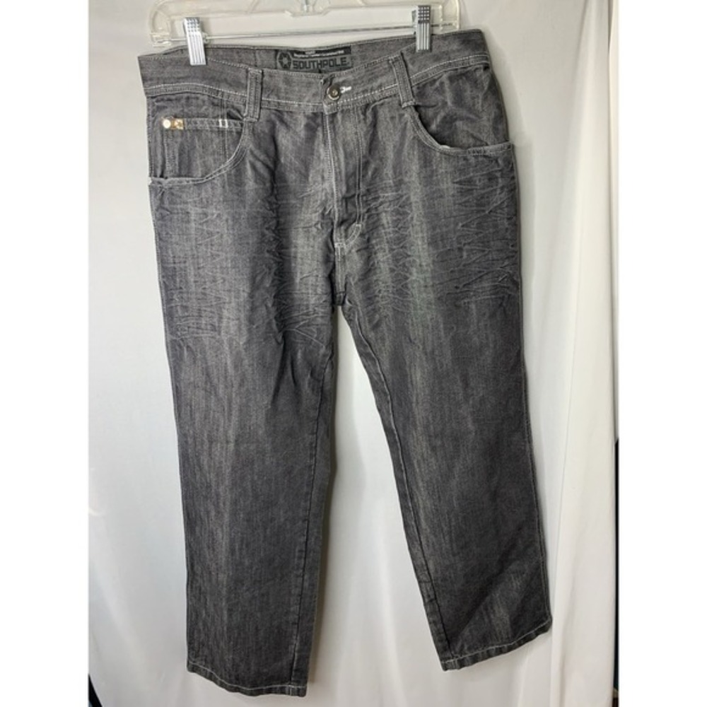 Mens Vintage 34x28 Wide Leg Baggy Y2K South Pole 4180 Dark Grey Distressed Jean